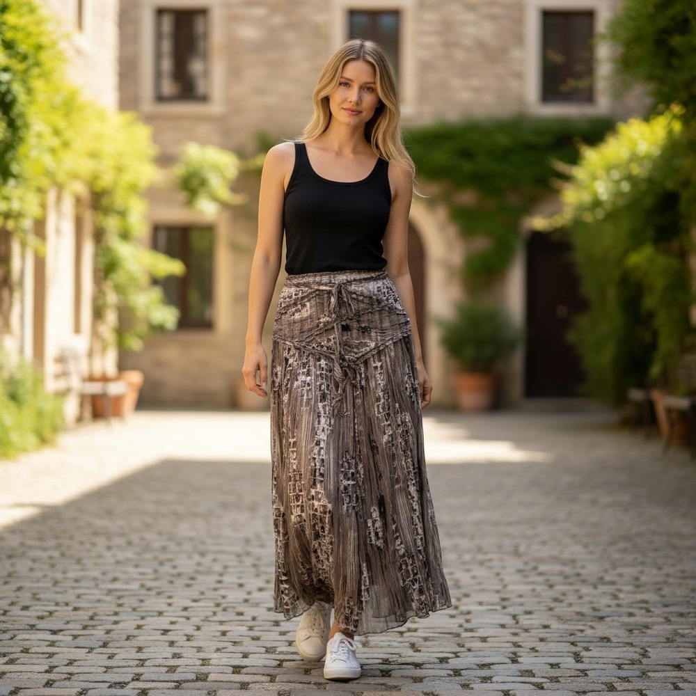 TRIBAL maxi skirt women size 2 brown abstract pleated boho flowy ankle length